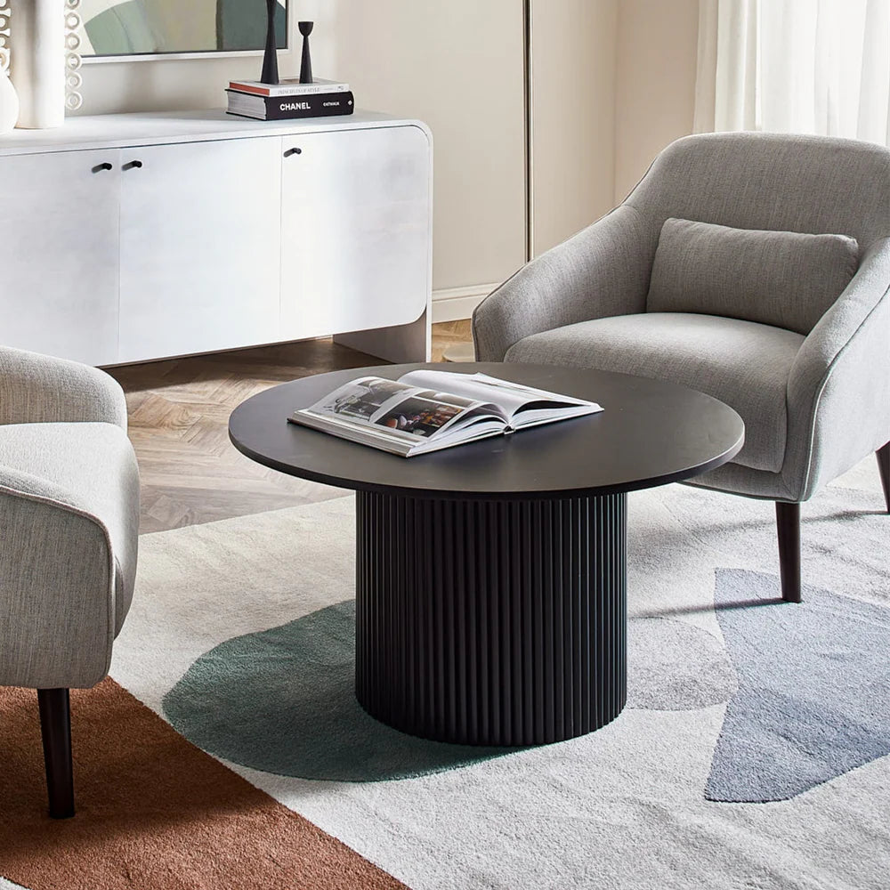 Luxo Nation Elegance: Round Coffee Table with Solid Wood Circle Pedestal, Finished in Black